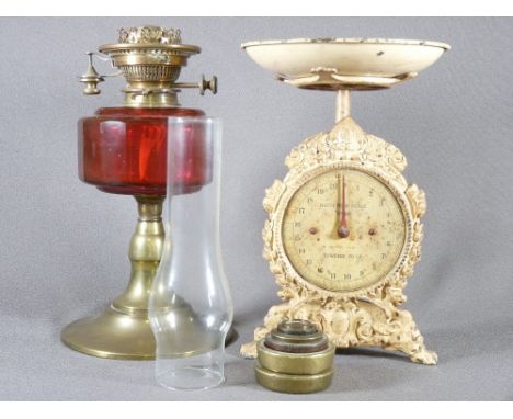 VINTAGE HOUSEHOLD KITCHEN SCALES NO 49 with accompanying weights and brass based oil lamp with a Ruby red reservoir