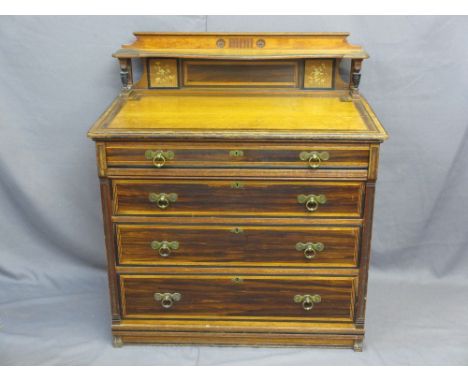 CHEST OF FOUR LONG DRAWERS with cross banded detail and railback upper shelf and gilt decorated panels, 109cms H (overall), 9