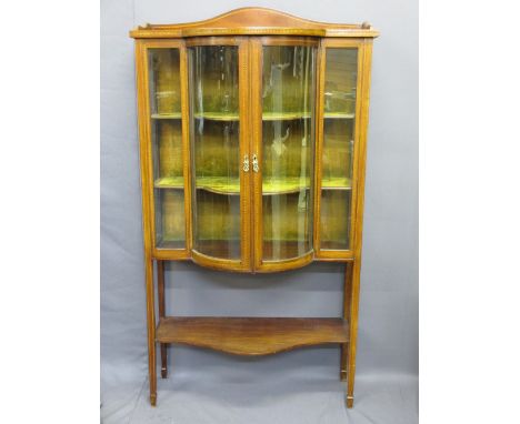 EDWARDIAN CHINA CABINET with convex central glazed doors, lower shelf, railback top and inlaid detail, 165cms H, 89cms W, 37c