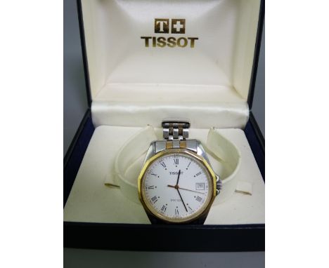 TISSOT PR100 STAINLESS STEEL GENT'S WRIST WATCH, boxed, Roman numeral set dial with date aperture, appears in working conditi
