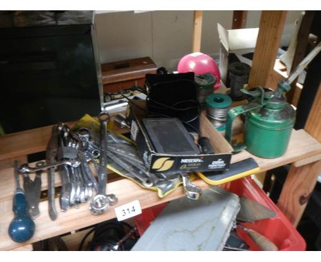 3 shelves of tools - AEG drill, 2 sanders, small tools, tool box etc., COLLECT ONLY.
