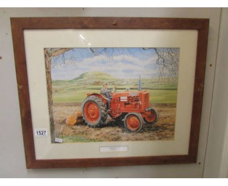 A framed and glazed print of watercool - tractor "Nuffield at Work" by Trevor Mitchell (frame a/f) 56 x 46 cm. COLLECT ONLY.