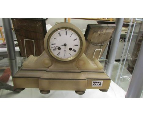 A 19th-century 8 day alabaster mantel clock in working order, COLLECT ONLY.
