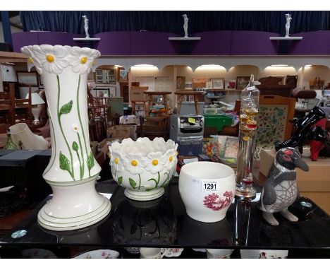 A jardiniere on stand, a planter, glass bubble temperature gauge &amp; penguin figurine etc. COLLECT ONLY