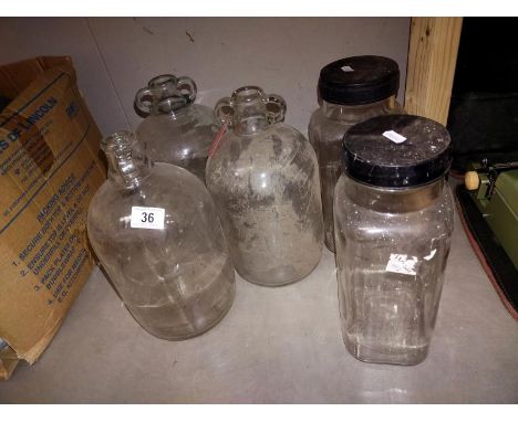2 vintage sweet shop glass display jars and 3 demijohns