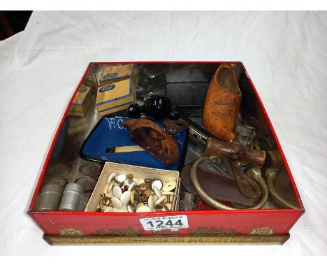 A box of miscellaneous items including vintage gilt button studs, button hooks &amp; small wooden clogs etc.