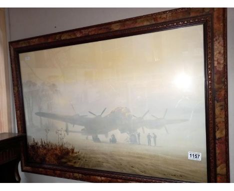 A framed &amp; glazed print of a Lancaster Bomber in the mist (original by Coulson) 87cm x 82cm COLLECT ONLY.
