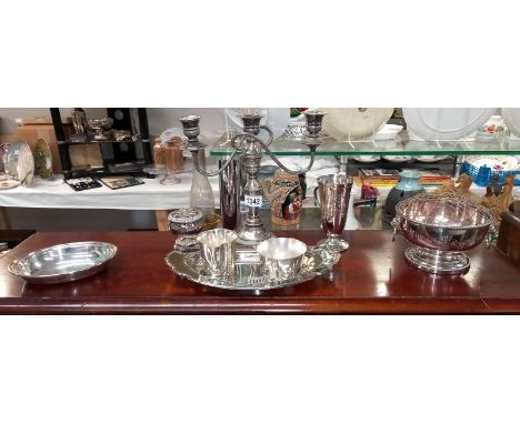 A selection of silver plate &amp; other metal items including candelabra, posey bowls &amp; trays etc.