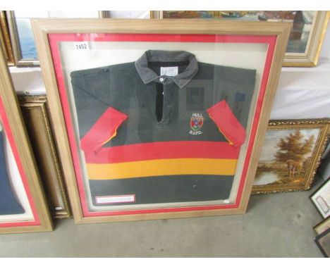 A framed Hull R U F C Sqn Ldr Graham 'Yozza' Dick's No. 4 shirt from RAF Waddington Rugby club, COLLECT ONLY.