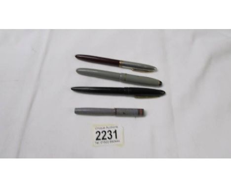 A Shaeffer pen with 14ct nib, a Swan 2 pen with 14ct nib, a Queensway pen and an Osmiroid 65 pen.