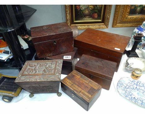 A Georgian/Victorian tea caddy for restoration plus writing box and inlaid card box and others