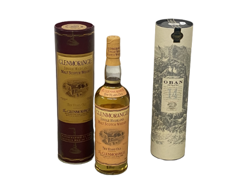 A boxed bottle of Ten Years Old The Glenmorangie Single Highland Malt Whisky and a boxed bottle of Oban 14 Single Malt Scotch