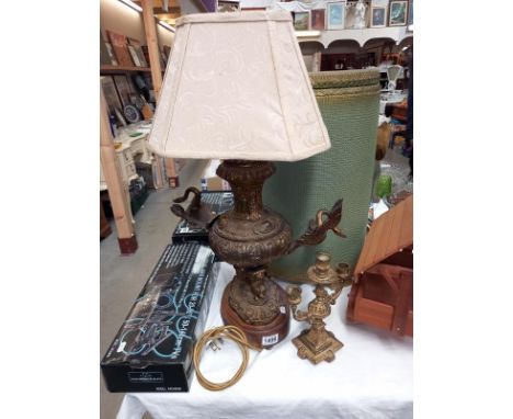 An old ornate table lamp a/f and a brass candelabra, COLLECT ONLY.