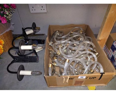 A large quantity of vintage chandelier glass swan neck arms and 3 wrought iron wall lights