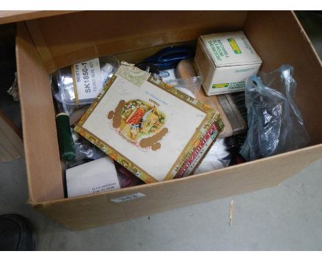 A box of miscellaneous tools, room thermostat etc.,