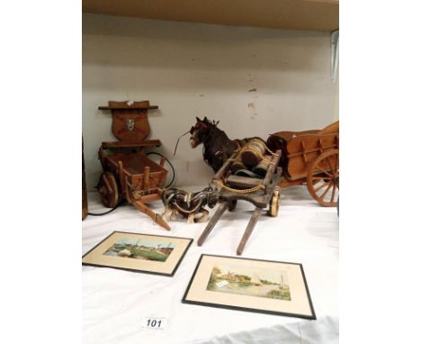 A vintage collection of horse &amp; carts, a Coat of Arms &amp; a pair of sailing prints dated 1943
