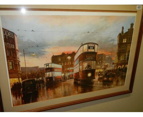 A framed and glazed print of a street scene with trams. COLLECT ONLY.
