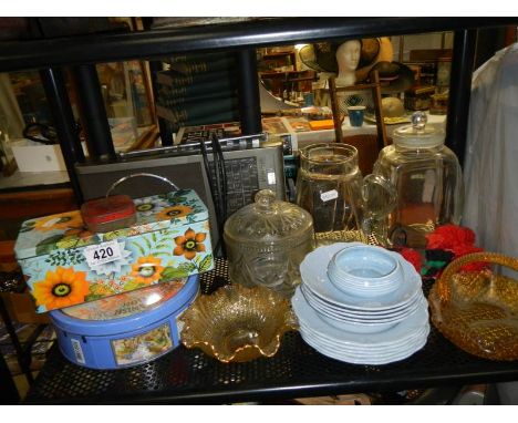 A mixed lot including radio, tins, jars, plates, copper bells etc., COLLECT ONLY.