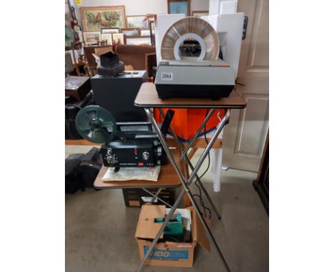 A slide projector, film projector, projector stand and screen, COLLECT ONLY.