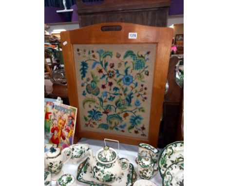 A vintage oak wool work tapestry fire screen 55cm x 75cm COLLECT ONLY
