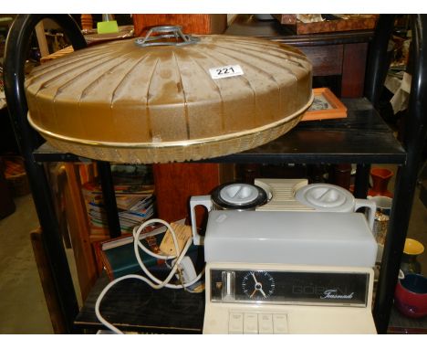 2 shelves of sundries including teasmade, vintage lamp shade etc., COLLECT ONLY.