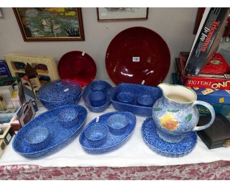 A quantity of blue ceramic ware including ramekins &amp; 2 plastic plates/dish