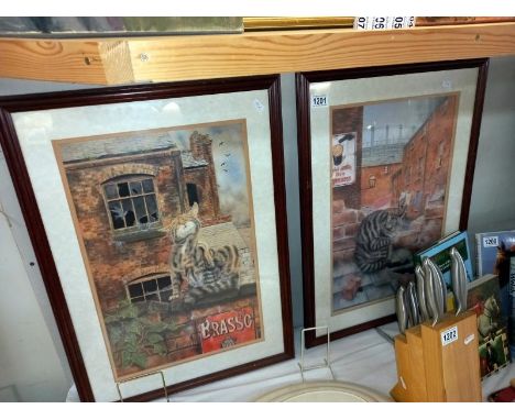 2 vintage street scene cat prints 48cm x 66cm COLLECT ONLY