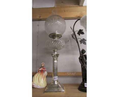 A silver plate Corinthian column oil lamp, COLLECT ONLY. No drill holes in the base. The column leans.