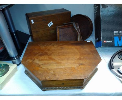 A large empty wooden cutlery box plus 1 other box and a bowl and vintage crumb tray with brush