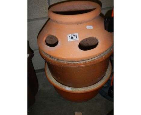 A strawberry planter pot, 35cm diameter x 26cm deep and 2 bulb pots, 36cm diameter and 25cm deep, COLLECT ONLY.