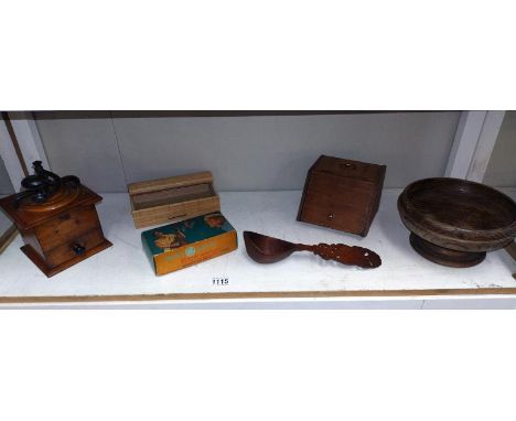 A vintage wooden coffee grinder, coal scuttle box &amp; oak fruit bowl etc.