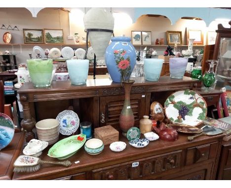 A selection of decorative items for the home including glass vases, porcelain plates, metal vase, wood boxes &amp; dishes etc