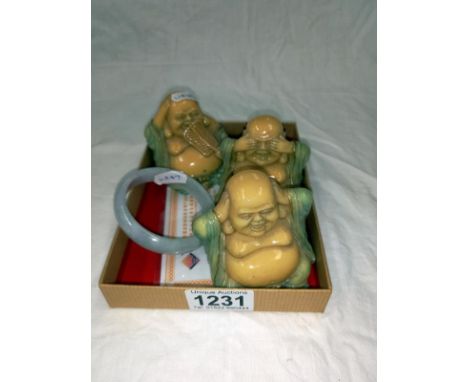 A jade bangle with certificate &amp; 3 resin Buddha figures, hear no evil, see no evil &amp; speak no evil