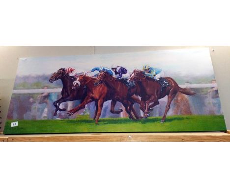 A large print on canvas of racehorses by Roger Heaton 51cm x 122cm