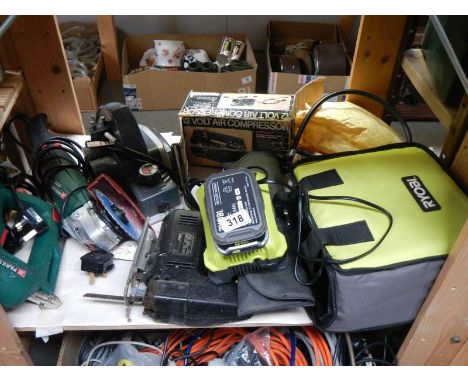 Five electric tools, a pop rivet gun and a tool box. COLLECT ONLY.