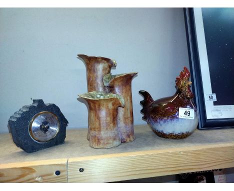 An art pottery bamboo planter, pottery chicken moneybox and slate barometer