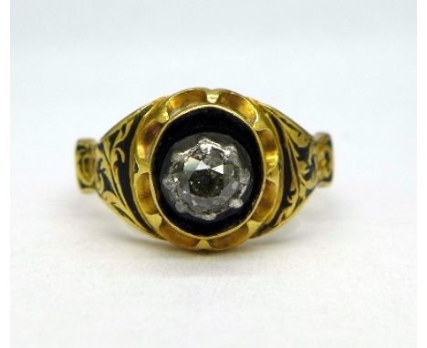 A Victorian 18ct gold, diamond set memorial ring, London 1845, with inscription dated 1845, maker CK, shank a/f, weight 5.6g,