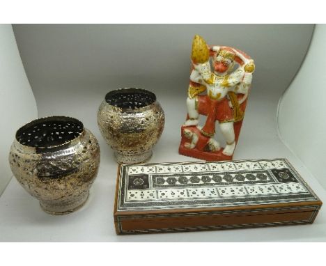 A Persian cribbage board/box, a pair of plated vases and a soapstone figure of an Indian deity
