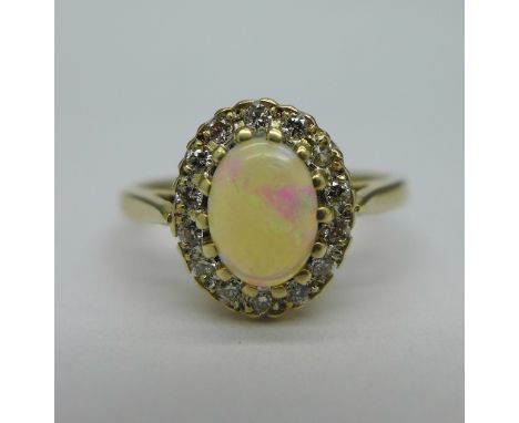 A 9ct gold, opal and diamond cluster ring, weight 2.5g, size M