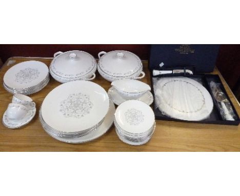Royal Worcester Bridal Lace pattern dinnerware including two tureens, a silver Chantilly pattern cake plate and knife and a c