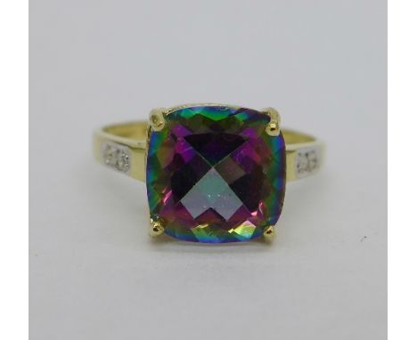 A 9ct gold, mystic topaz and diamond ring, weight 2.2g, size M