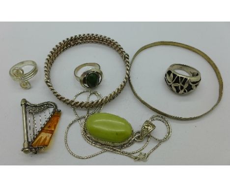 Silver jewellery including bracelets, rings, pendant and a harp brooch, brooch a/f