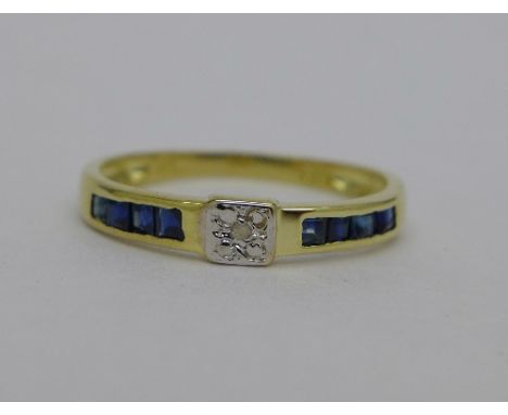 A 9ct gold, sapphire and diamond ring, weight 1.1g, size N