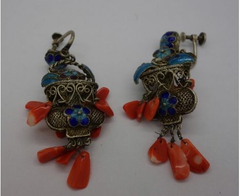 A pair of Chinese silver, coral and enamel earrings, with screw backs