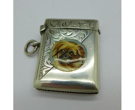 A silver vesta case with later applied enamel decoration, Birmingham 1914