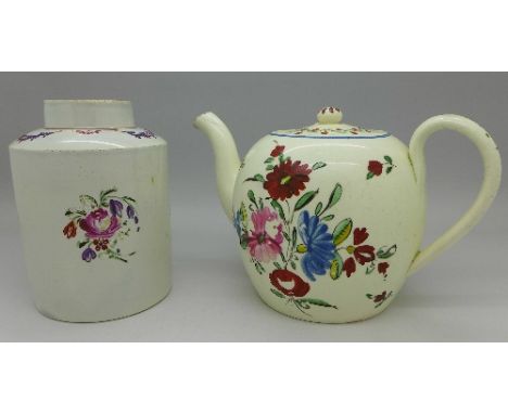 A late 18th Century teapot and a caddy, lacking lid, both decorated with flowers, possibly Chelsea Derby, teapot a/f