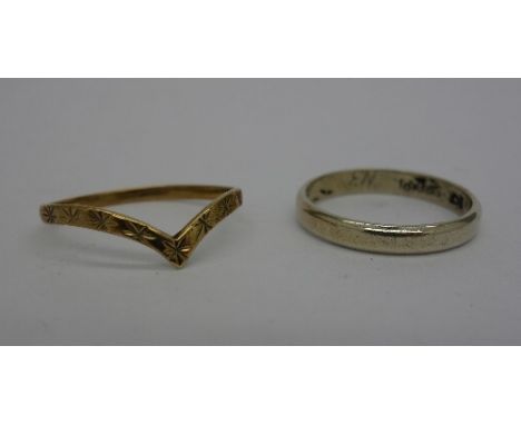 A 9ct gold wishbone ring, weight 0.5g, size P and one other ring, size M