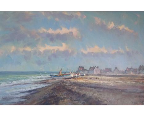 Andrew King ROI (British, 20th-21st Century), Morning Light, Aldeburgh Beach, oil on board, signed bottom left, framed, measu