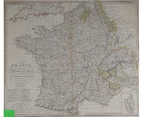 Rober Wilkinson, map of France, engraving, 52 x 61cm (PL), together with a framed piece of Aubusson style wallpaper (2)