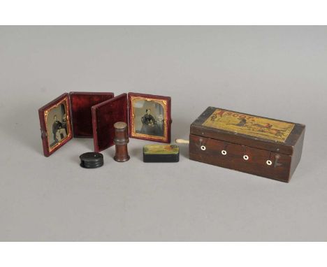 A small miscellaneous collection to include a 19th century pressed papier mache snuff box, the hinged cover painted with a st